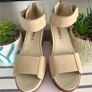 Sorel 6.5 Joanie II Leather Ankle Strap Sandals Wedge Heel Cream Tan Open Toe
